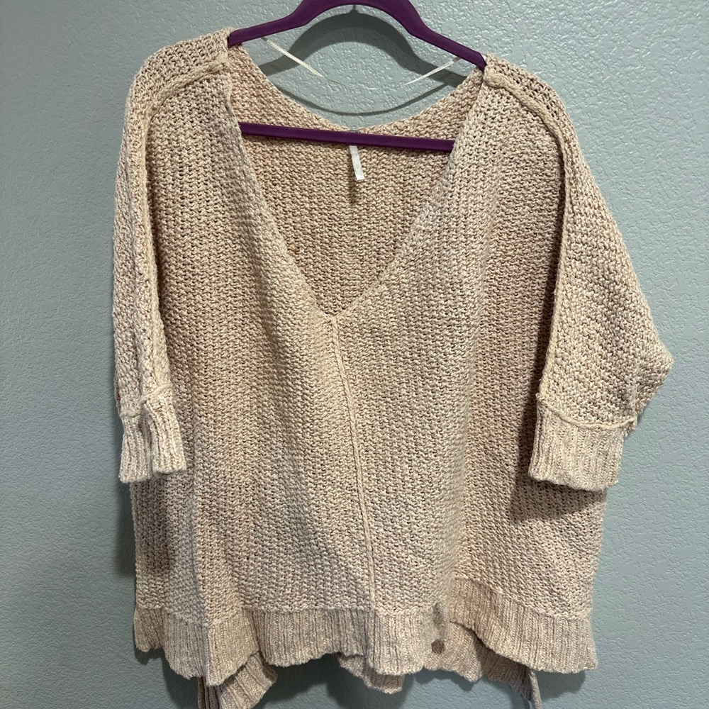 Free People V-Neck Knit Sweater in Blush